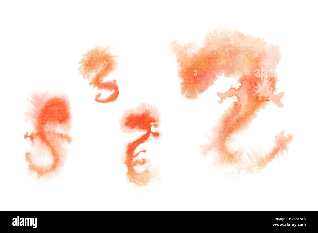 Silhouette der asiatischen Drachenmalerei auf weißem Hintergrund, natürliche orange Aquarell-Illustration, abstrakte Kunst Stockfoto