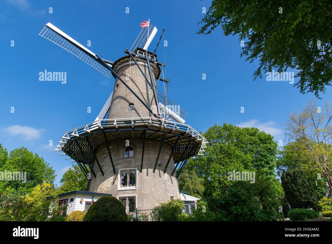 Alkmaar, Niederlande-Juni 2021: Blick aus der Nähe auf die historische Windmühle Molen van Piet (Piets Windmühle), eine ehemalige Mehlmühle, die jetzt nur noch nach Spec verwendet wird Stockfoto