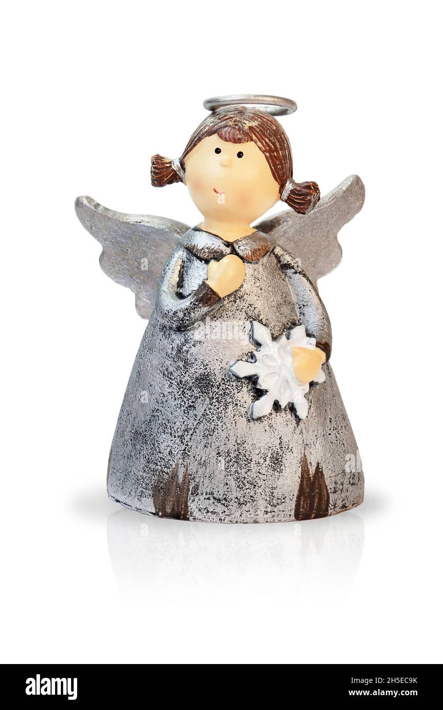 Vintage Figur von lustigen Weihnachtsengel Mädchen mit Schneeflocke. Isoliert auf weißem Hintergrund. Stockfoto