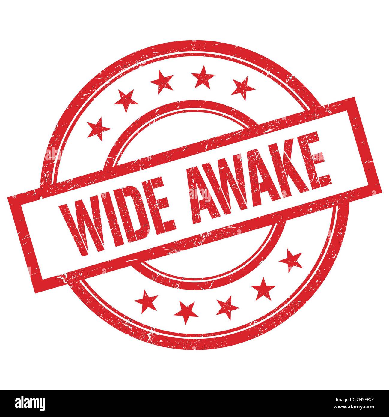 HELLWACH Text auf rotem runden Vintage-Stempel geschrieben. Stockfoto