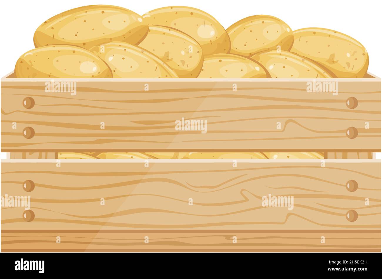 Schachtel Kartoffeln. Stapel von rohen Kartoffeln in Holzkiste für Gemüsehändler Markt, Cartoon-Vektor-Illustration isoliert auf weißem Hintergrund Stock Vektor
