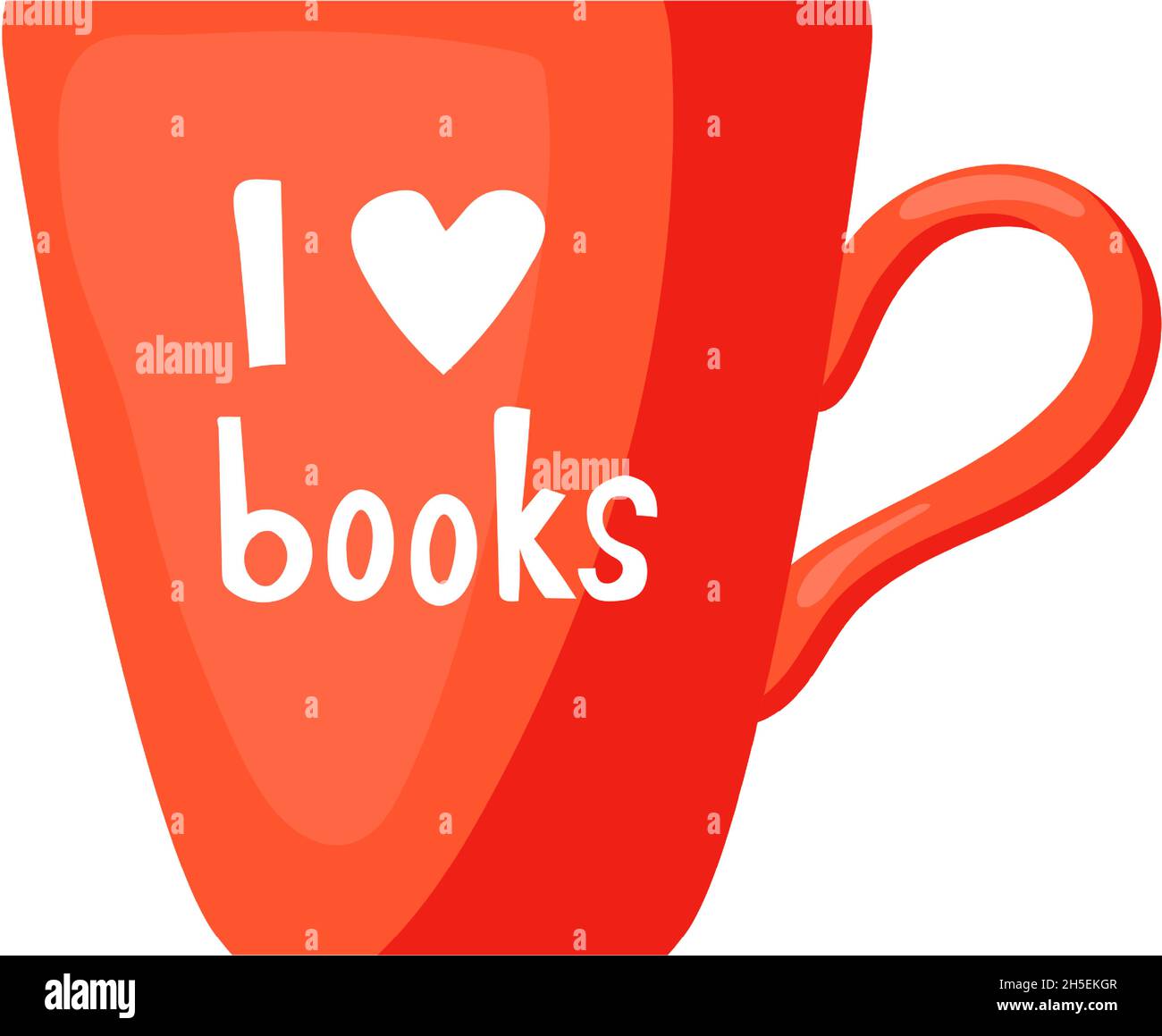 Becher für Buchliebhaber. Rote Tasse für Kaffee oder Tee mit der Inschrift ich liebe Bücher, Cartoon-Vektor auf weißem Hintergrund isoliert Stock Vektor