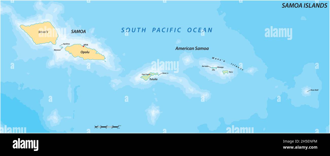 Vektorkarte des polynesischen Archipels der Samoa-Inseln, Samoa, Amerikanisch-Samoa Stock Vektor