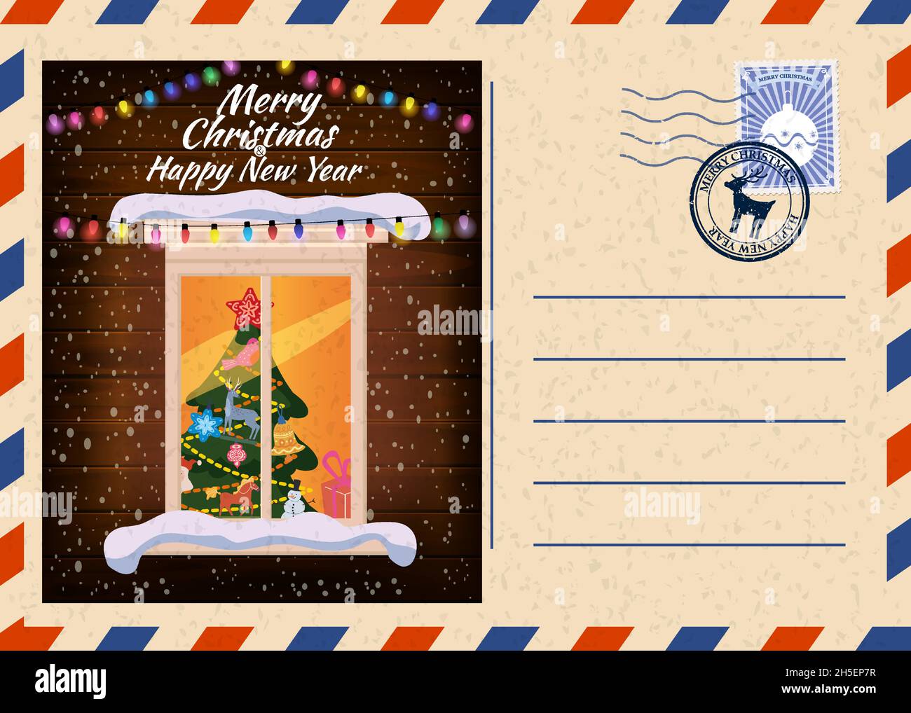 Weihnachten und glückliches neues Jahr Gruß Urlaub Postkarte, Winter Nacht Fenster Weihnachten vintage Hintergrund. Vektor-Illustration Einladungskarte retro Stock Vektor
