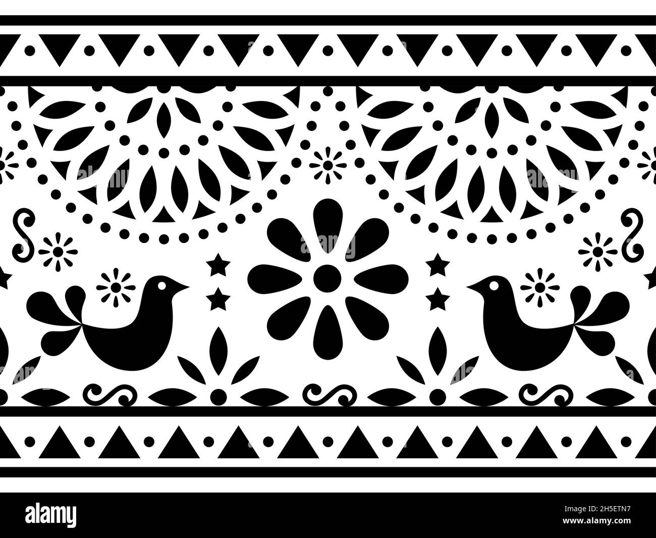 Mexikanische Volkskunst Vektor lange nahtlose Muster mit Vögeln und Blumen, schwarz-weißen Textil-oder Grußkarten-Design von der traditionellen Kunstform inspiriert Stock Vektor