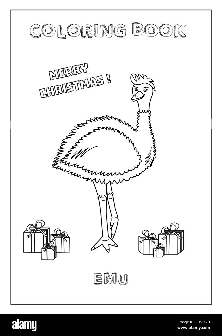 Kinder Malbuch Frohe Weihnachten! Mit Emu und ptesents. Druckbereit, Papierformat A4. Schwarz und Weiß, in Vektor gemacht. Stock Vektor