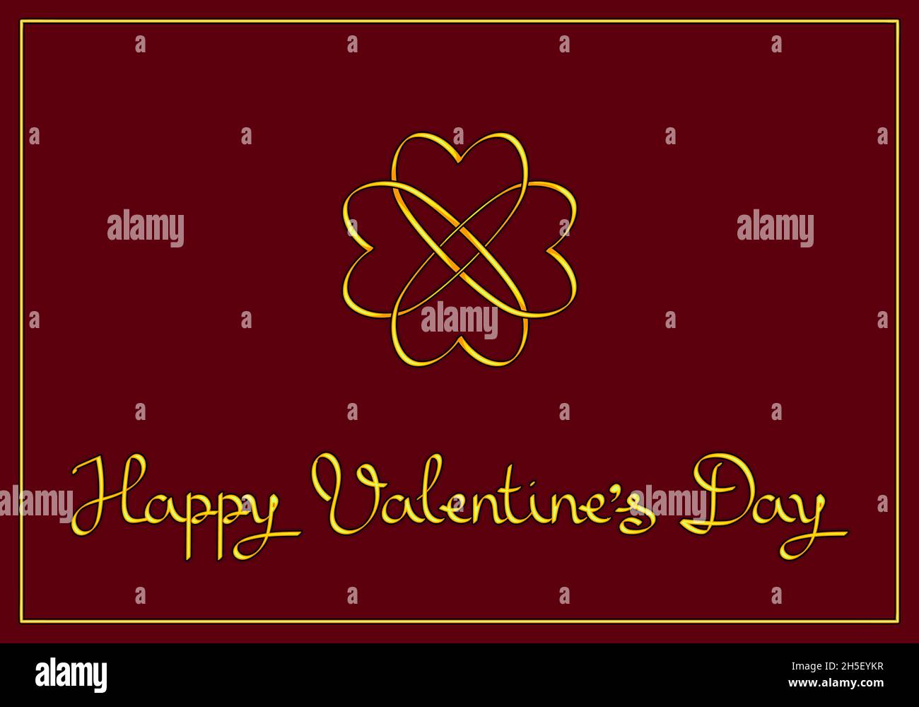 Lakonische und elegante Valentinskarte: Eine Blume aus goldverflochtenen Herzen und die Inschrift „Happy Valentine's Day“ auf burgunderrotem Hintergrund. Stock Vektor