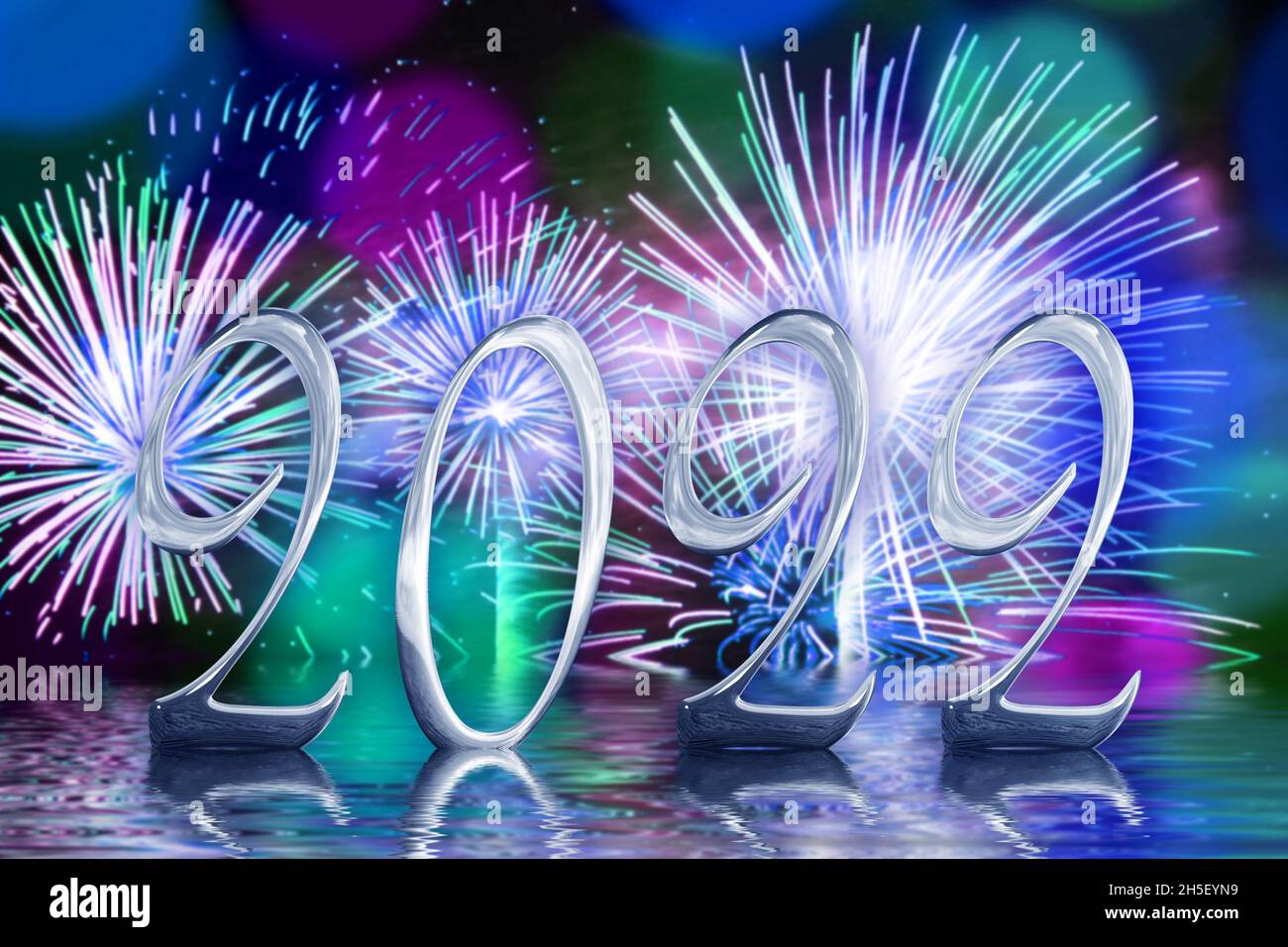 2022 goldene Zahlen, Feuerwerk im Hintergrund, Silvesterkarte Stockfoto