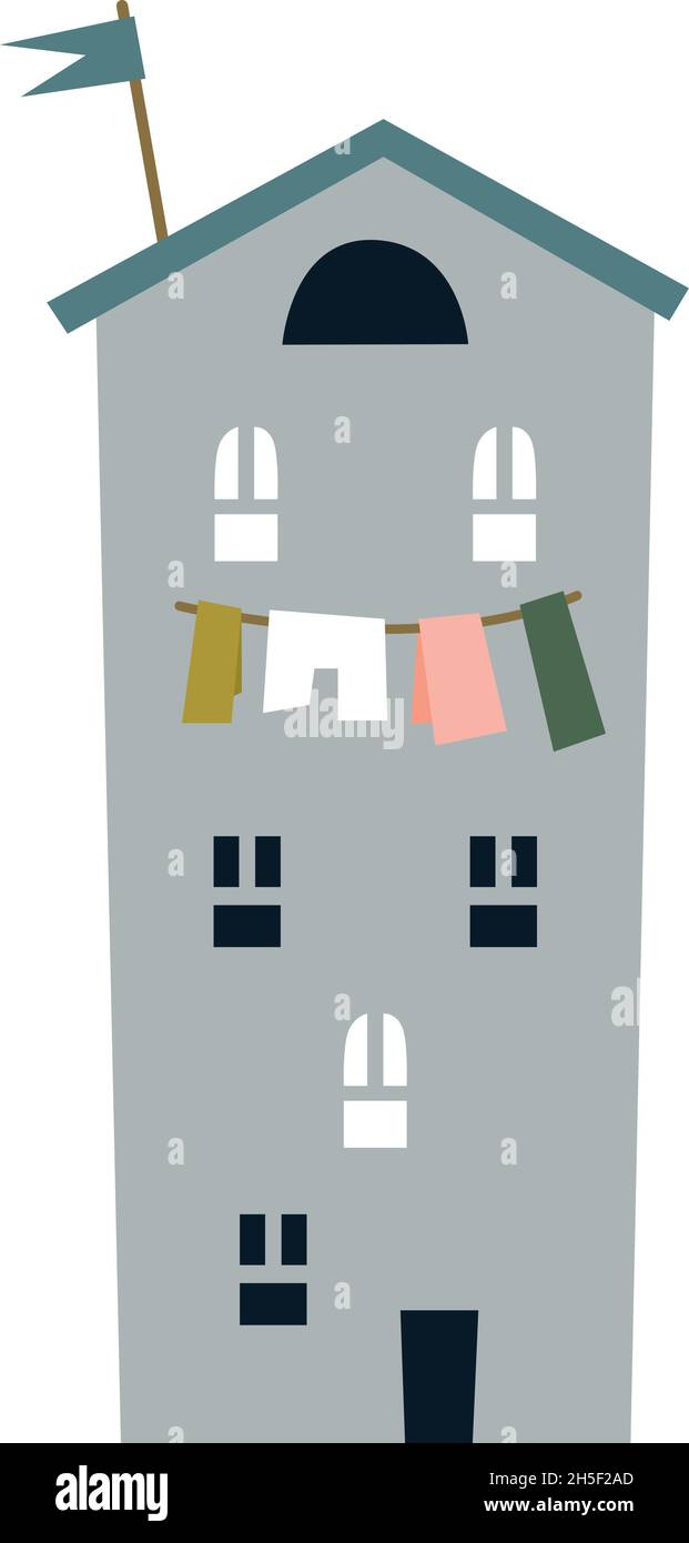 Gemütliches Haus mit hängenden Kleidern. Großes Familienhaus Stock Vektor