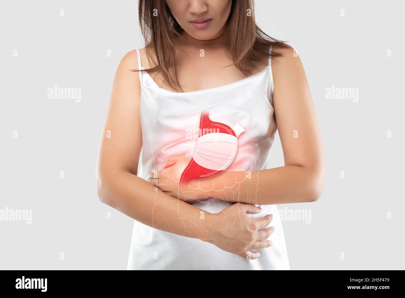 Darstellung des Darms und der inneren Organe im Frauenkörper vor grauem Hintergrund und Space links. Das Konzept der medizinischen Behandlung Stockfoto