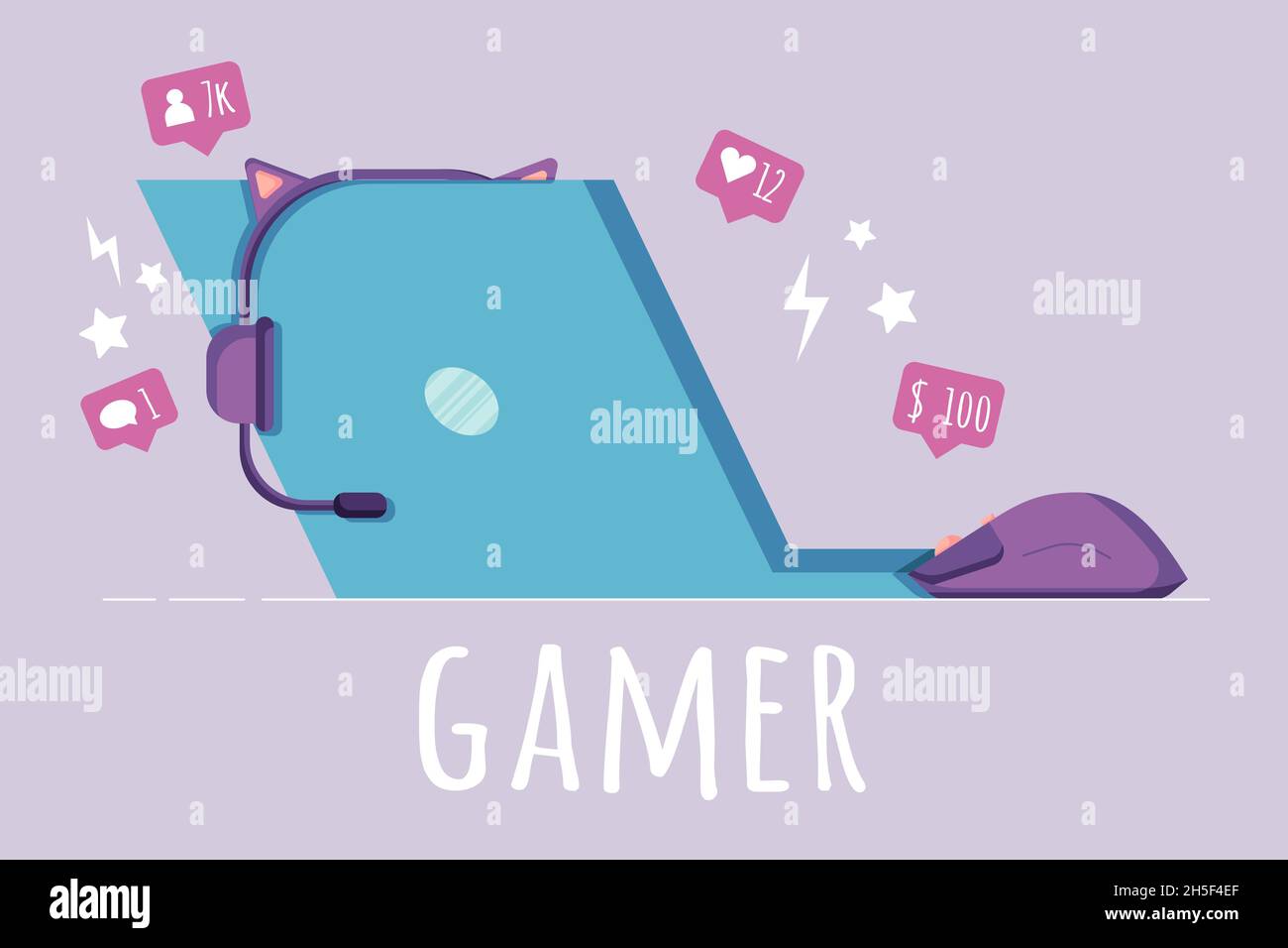 Abbildung des Gamer-Workplace-Konzepts, Laptop, Kopfhörer, Mausklicker in flachem Stil, isoliert auf einem violetten Hintergrund. Stock Vektor