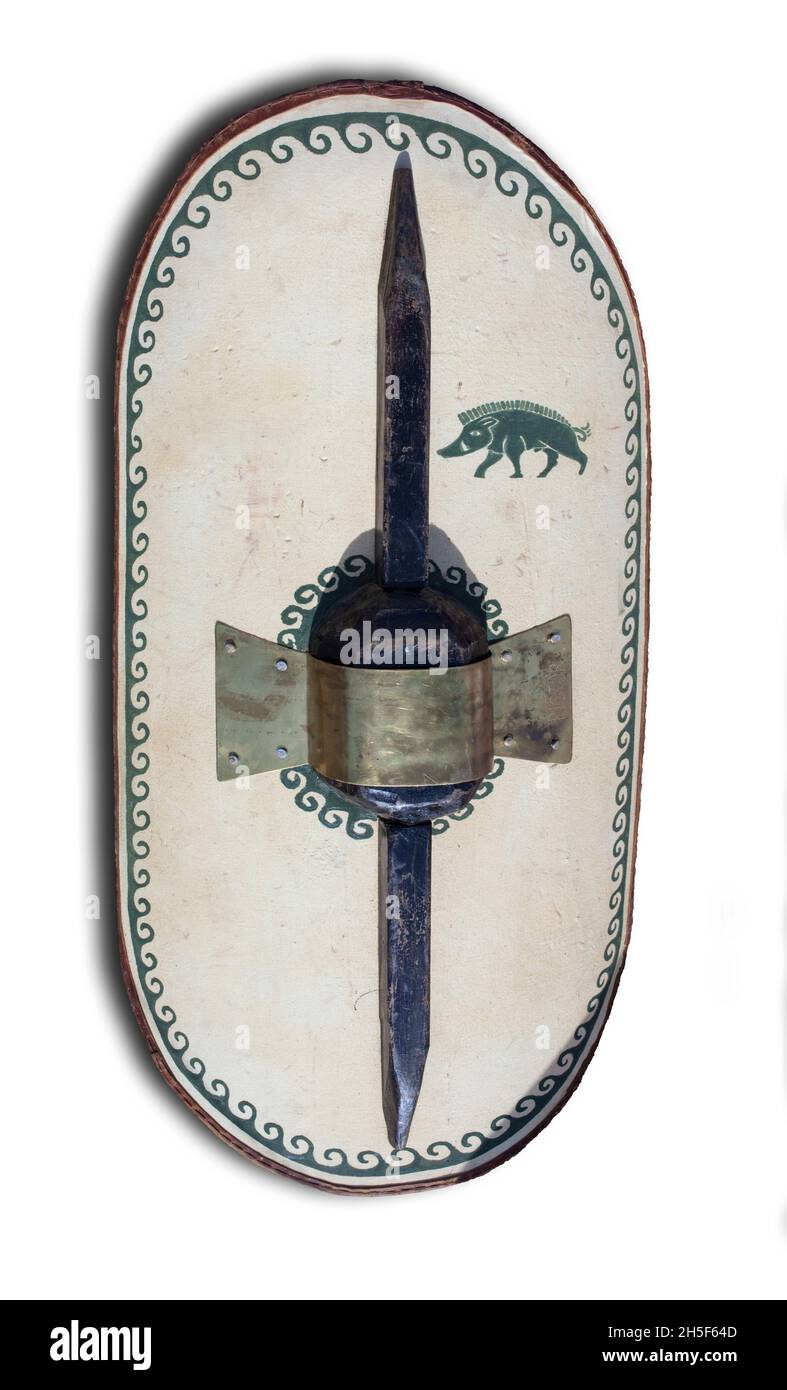 Iberische Scutum Replik, alte römische Armee Schild mit Wildschwein gemalt Stockfoto