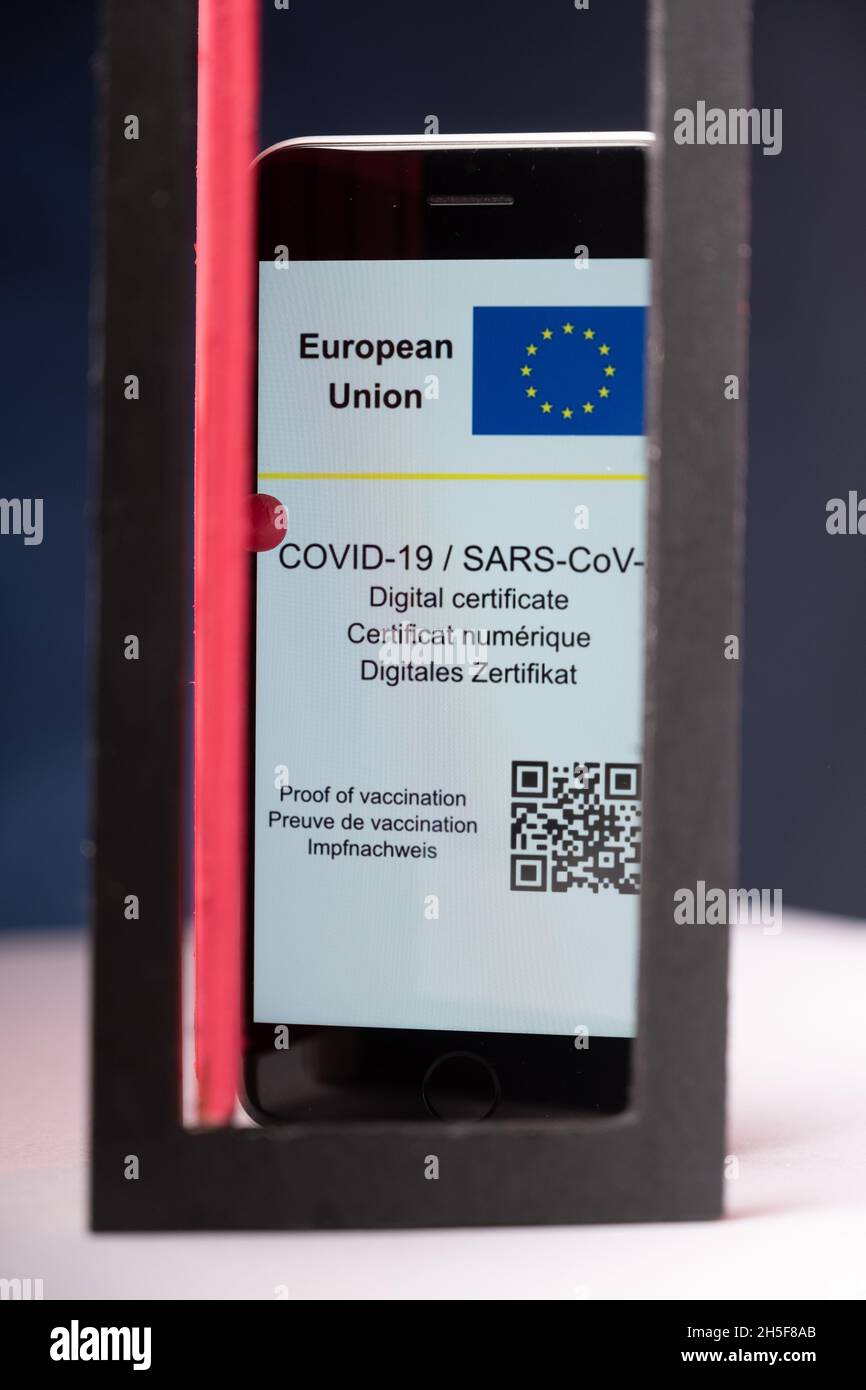 Helsinki / Finnland - 9. NOVEMBER 2021: Nachahmung des digitalen Covid-19-Impfzertifikats der EU auf einem Smartphone. Stockfoto