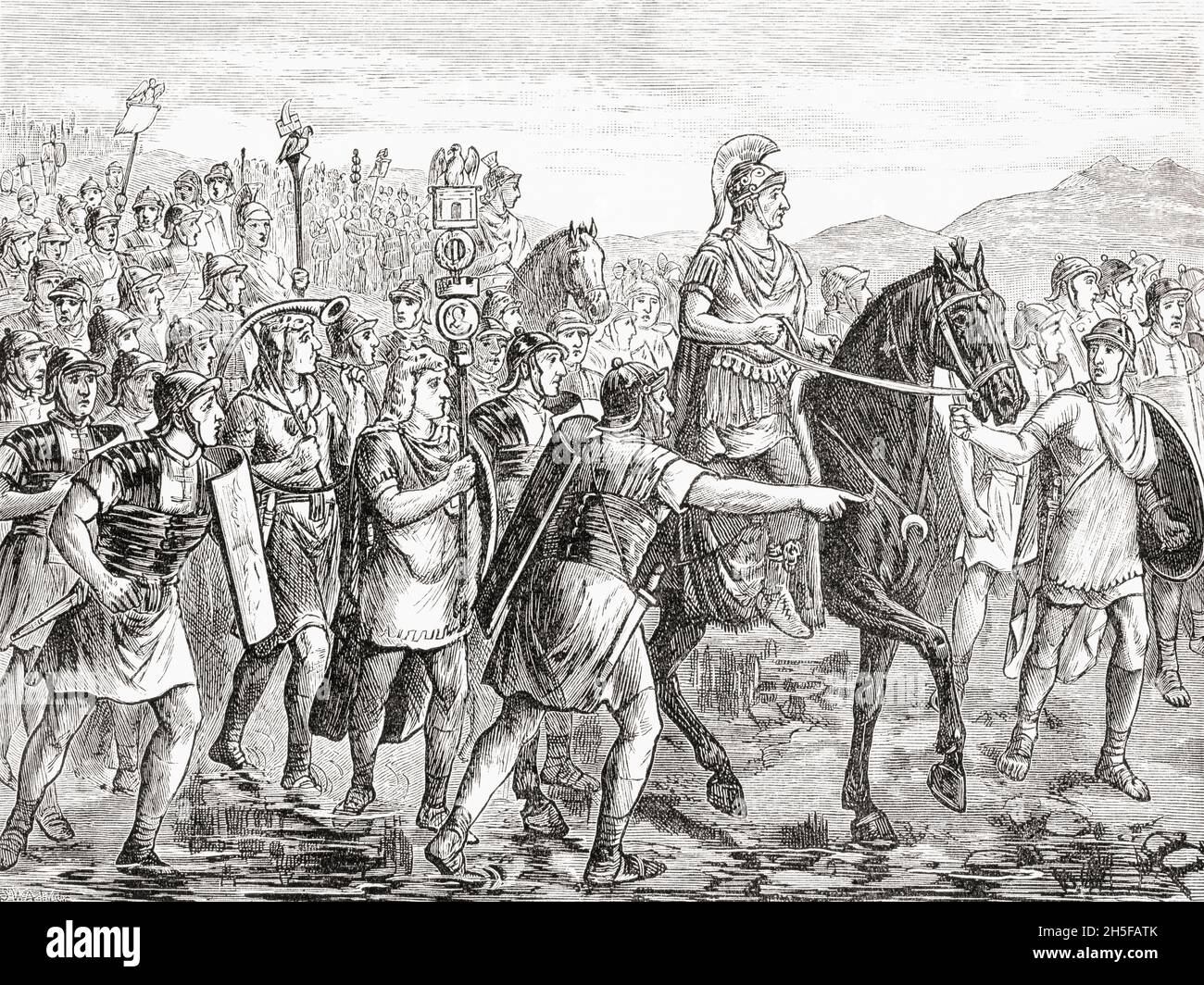 Julius Caesar überquert den Rubicon Fluss, 10. Januar 49 v. Chr. Gaius Julius Caesar, 100 v. Chr. – 44 v. Chr. Römischer General und Staatsmann. Aus Cassells Illustrated Universal History, veröffentlicht 1883. Stockfoto