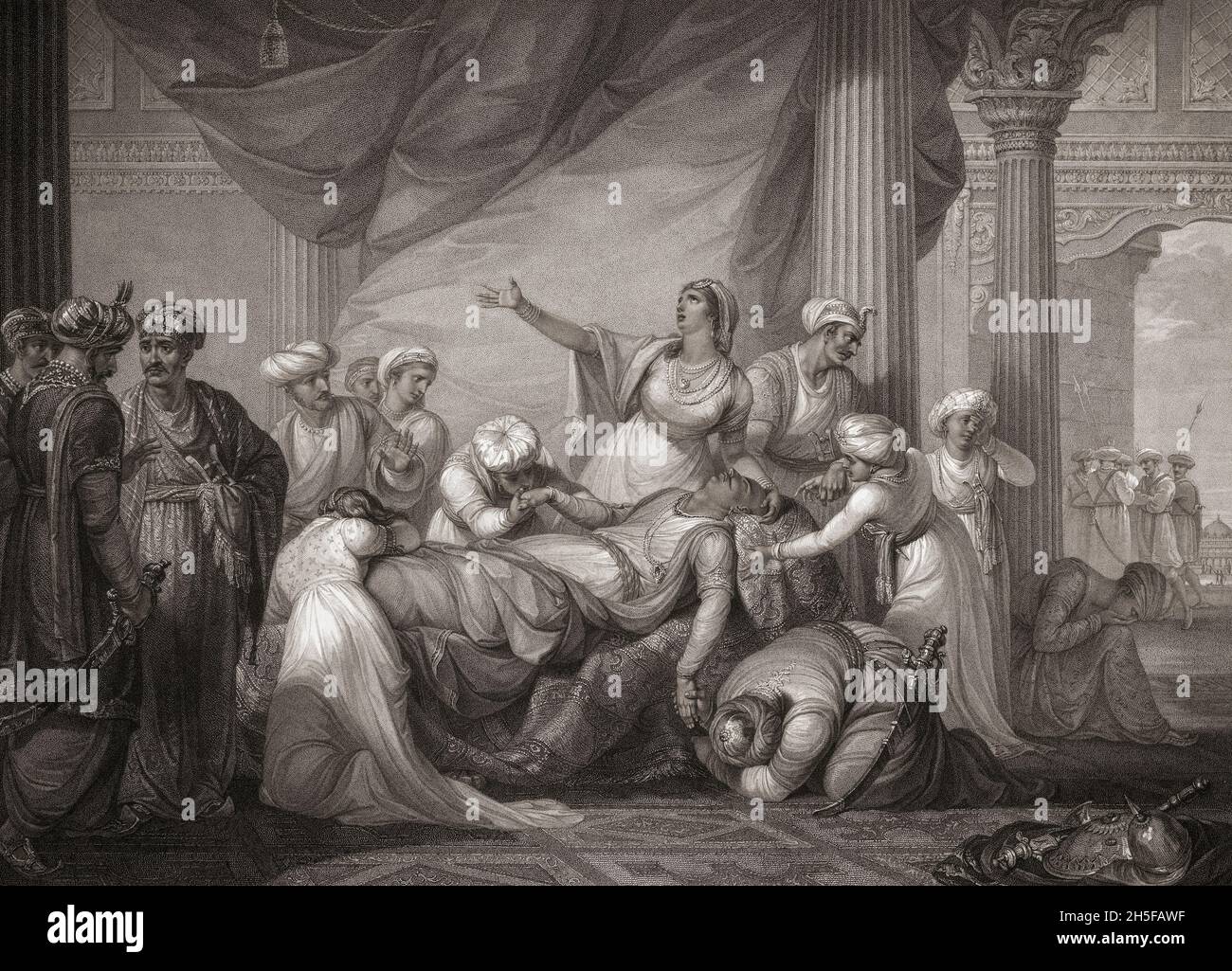 Die Familie des Tipu Sultans weint nach seinem Tod bei der Belagerung von Srirangapatna, Indien, am 4. Mai 1799 über seinen Körper. Tipu Sultan oder Tipoo Sultaun, der Sultan von Mysore, 1751 - 1799. Nach einer Arbeit von Sir Robert Ker Porter. Stockfoto