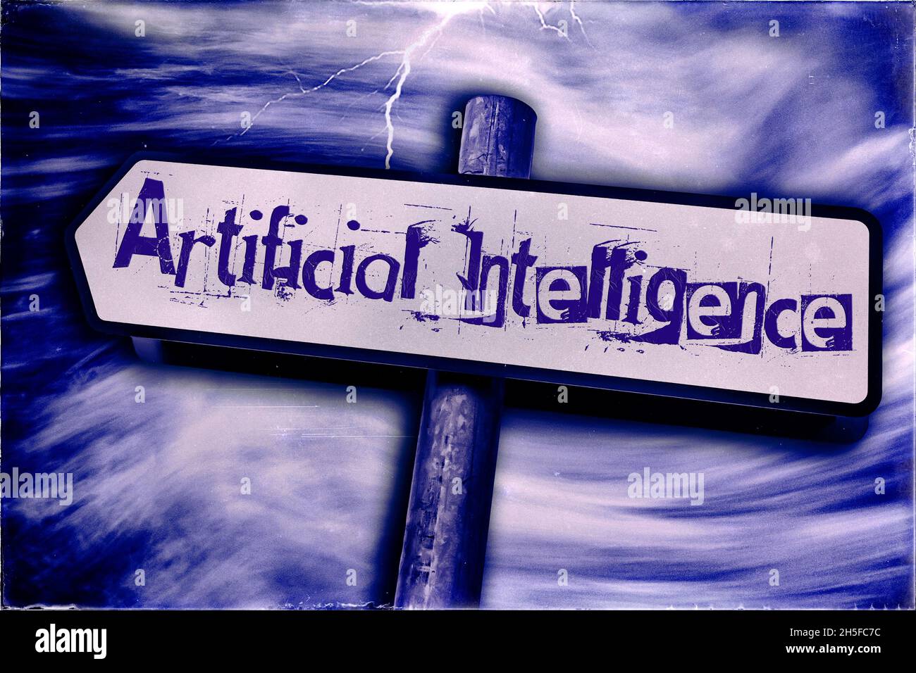 Künstliche Intelligenz auf einem Straßenschild mit Post, Sturm und Blitz im Hintergrund in einem blauen Ton geschrieben Stockfoto