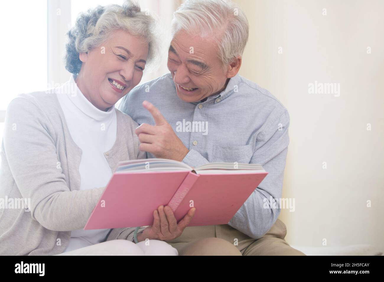 Glückliches altes Paar, das zusammen das Fotoalbum anschaut Stockfoto