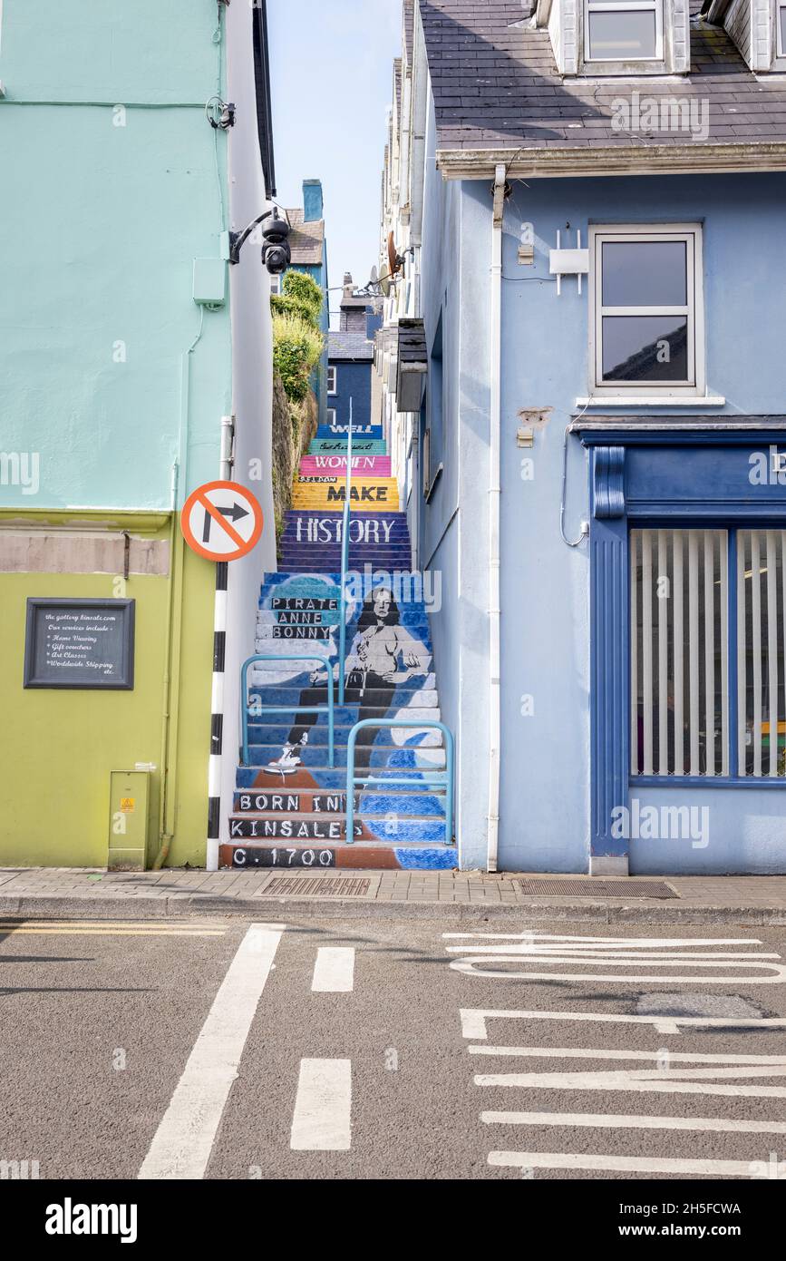 Pirate Anne Bonny Wandgemälde auf Stufen in Kinsale mit dem Slogan „Well educated Women Selten Make History“, County Cork, Irland Stockfoto