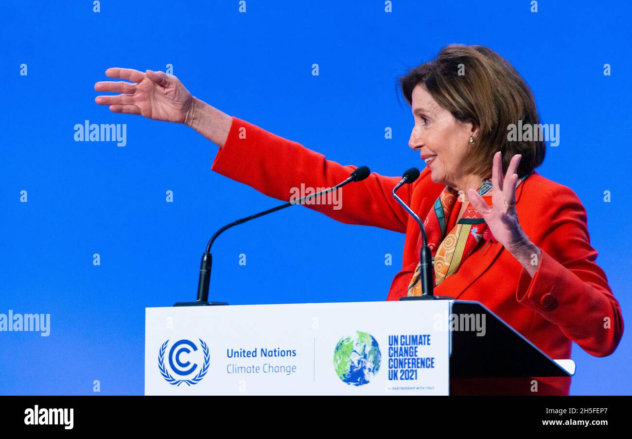 Glasgow, Schottland, Großbritannien. November 2021. Tag zehn des Klimagipfels der COP26. Nancy Pelosi, Sprecherin des Repräsentantenhauses der Vereinigten Staaten, spricht auf einer Pressekonferenz. Iain Masterton/Alamy Live News. Stockfoto