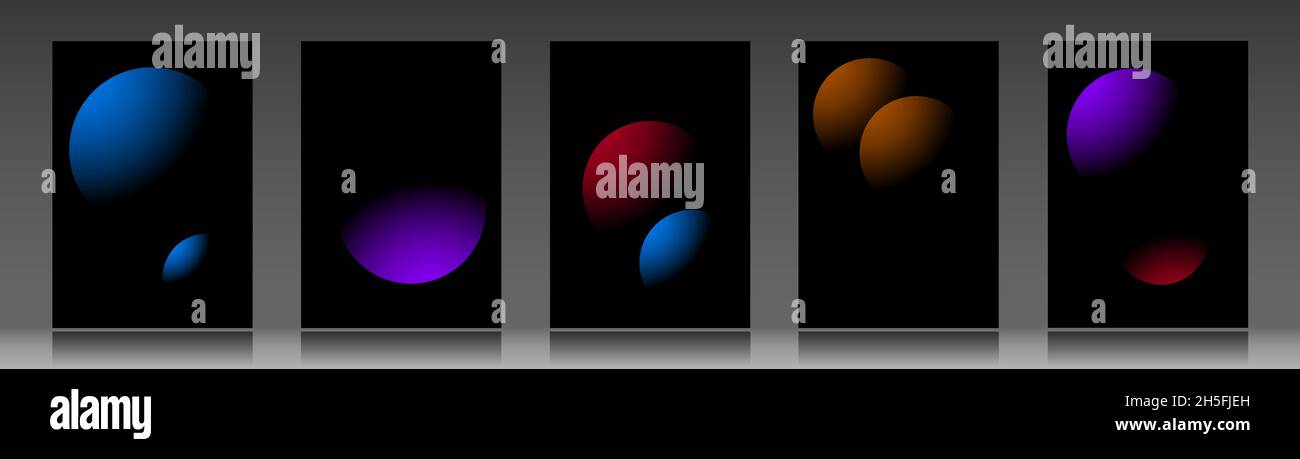Schwarz Cover-Vorlagen mit lebendigen Gradienten runden Formen gesetzt. Futuristische abstrakte Hintergründe mit Planet Sphere für Ihr kreatives Grafikdesign Stock Vektor