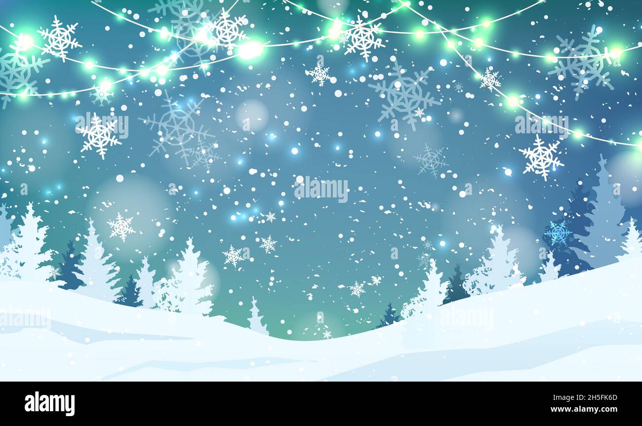 Verwischen Sie den Hintergrund mit Schneeflocken, Bäumen, Girlanden und fallendem Schnee. Urlaub Winterlandschaft. Stock Vektor