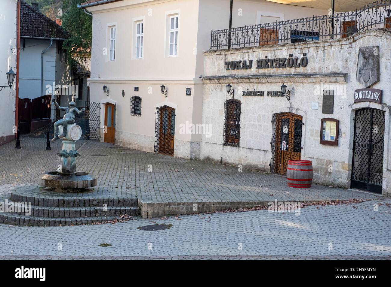 Der Bacchus-Brunnen und die Rákóczi-Keller im Zentrum von Tokaj, Ungarn Stockfoto