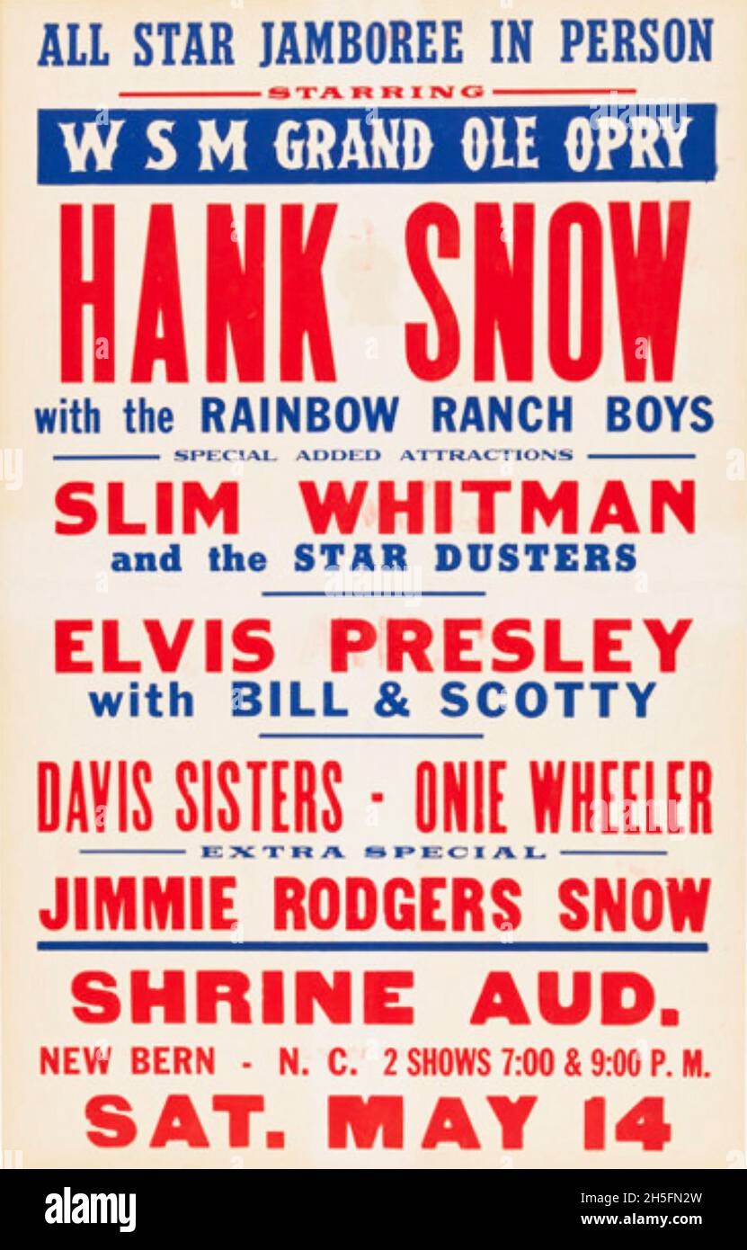 HANK SNOW (1914-1999) kanadisch-amerikanische Country-Musikerin. Plakat für ein Konzert 1965 im Shrine Auditorium, New Burn, North Carolina. Auf der gleichen Rechnung waren Slim Whitman, Elvis Presley und Jimmie Rodgers Stockfoto