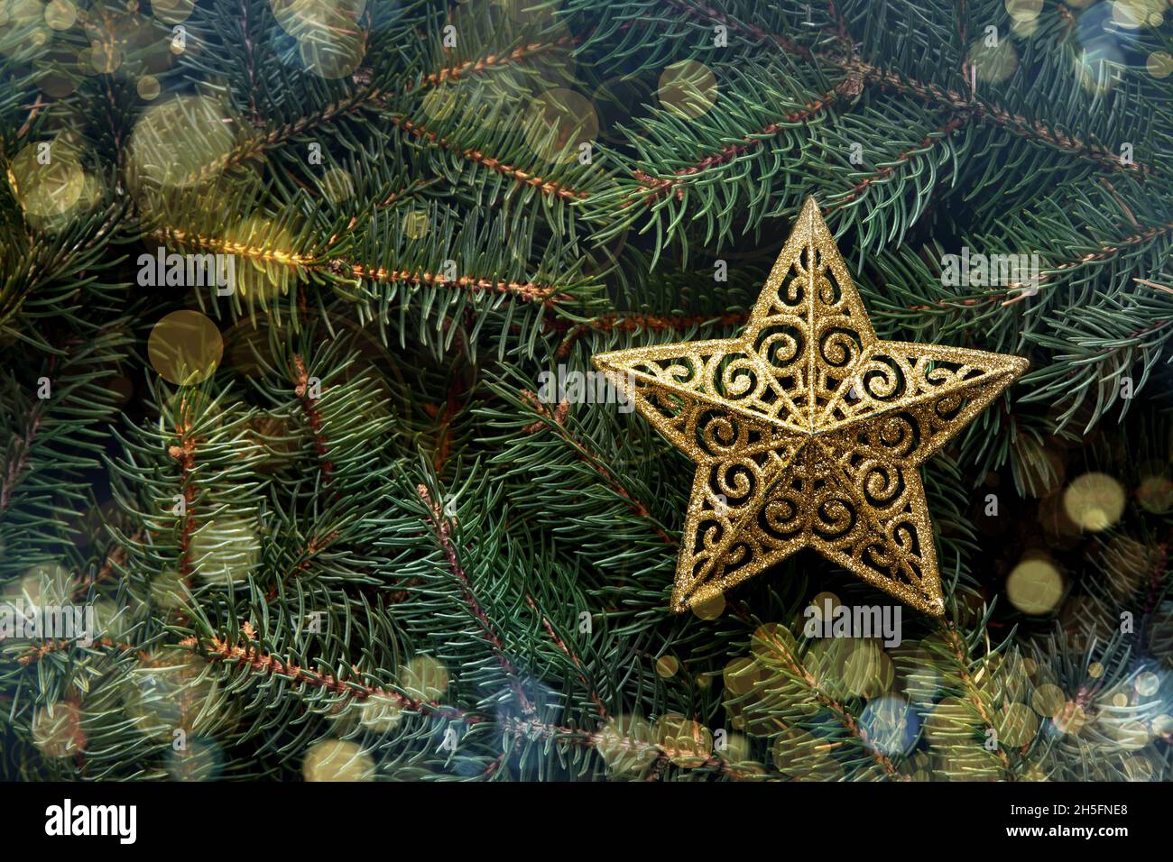 Weihnachtskonzept aus Tannenzweigen mit Stern. Draufsicht. Stockfoto