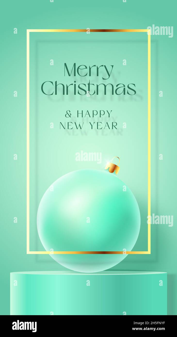 Weihnachtsgeschichten Vektor-Werbekarte oder Poster-Vorlage. Saison Promo Hintergrund Szene mit realistischem Kugel und Verkauf Podium. Neujahr Winter Stock Vektor