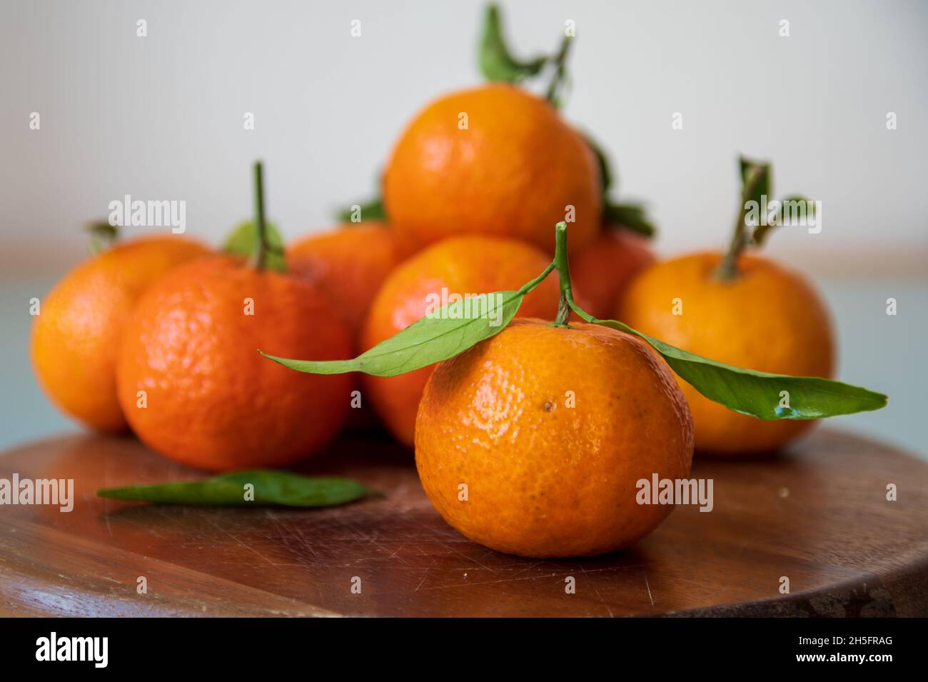 mandarine-Früchte mit Blättern, die auf einer Holzoberfläche liegen. Selektiver Fokus auf Vordergrundfrucht Stockfoto
