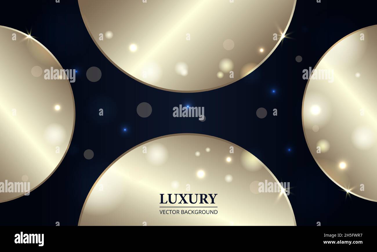 Abstrakter Luxus dunkelblauer Hintergrund mit goldenen Kreisen und Bokeh festlichen Lichteffekten. Stock Vektor