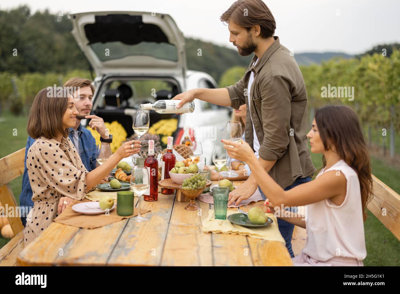 Freunde trinken Wein bei Picknick in der Nähe von Weinbergen Stockfoto