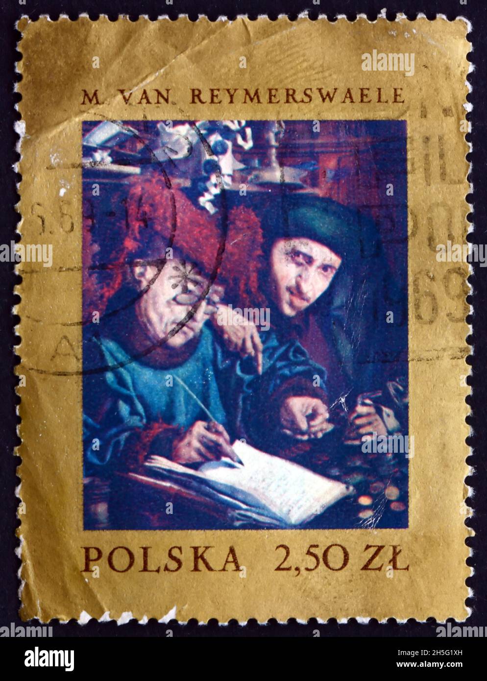 POLEN - UM 1967: Eine in Polen gedruckte Briefmarke zeigt Tax Collectors, Gemälde von Marinus van Reymerswaele, niederländischer Maler, um 1967 Stockfoto