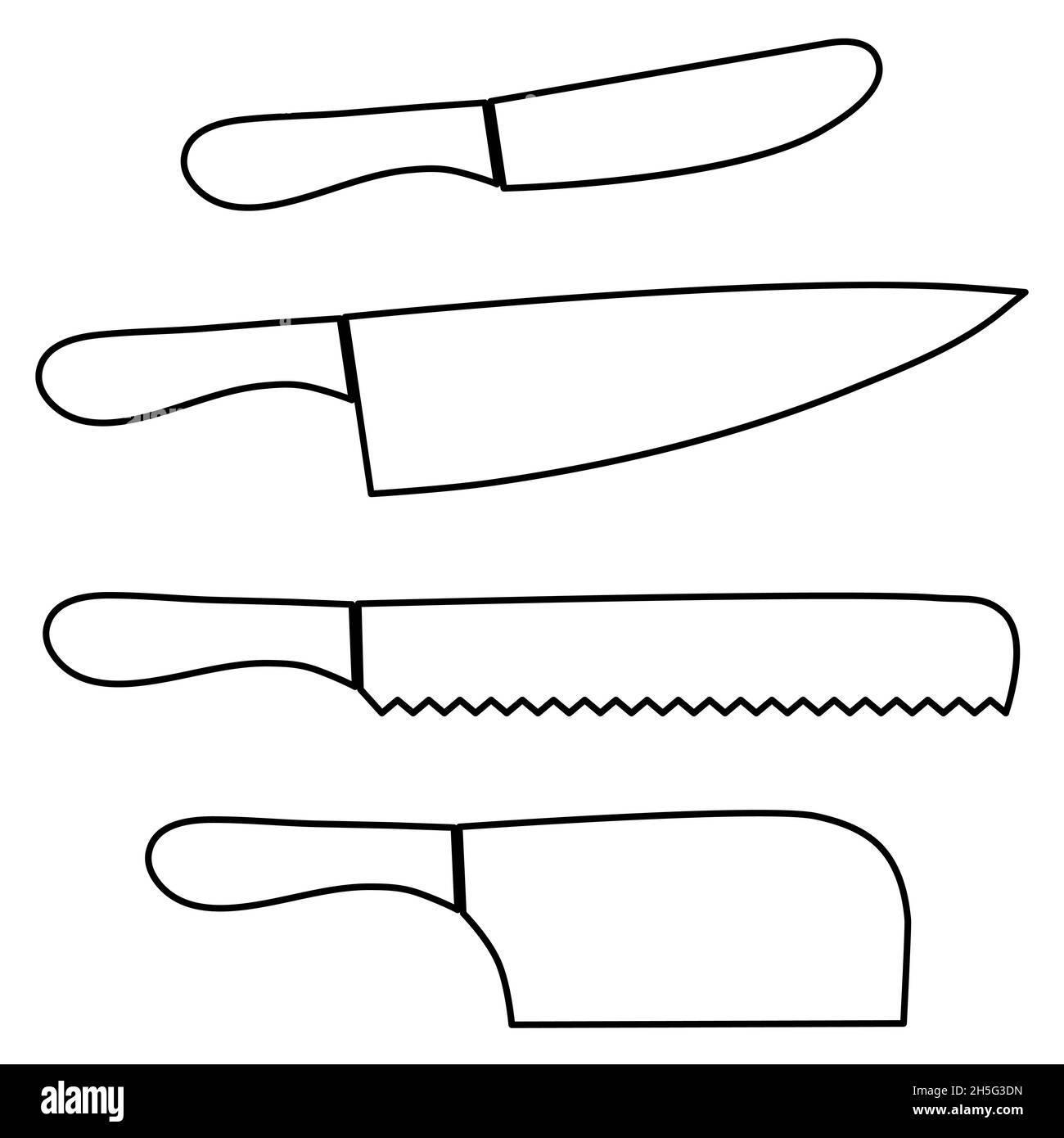 Küchenwerkzeuge Satz von vier Küchenmessern für Butter, Brot, Schnitzmesser und Trennmesser skizzieren einfache minimalistische flache Design-Vektor-Illustration Stock Vektor