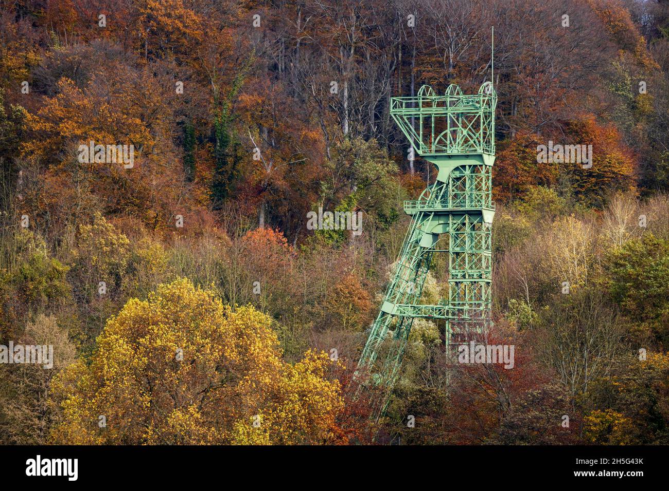 Kopfbau der ehemaligen Carl Funke-Kolonie in einem herbstlichen Wald, Essen-Heisingen am Baldeney-See, Essen, Ruhrgebiet, Nordrhein-Westfalen, Deutschland Stockfoto