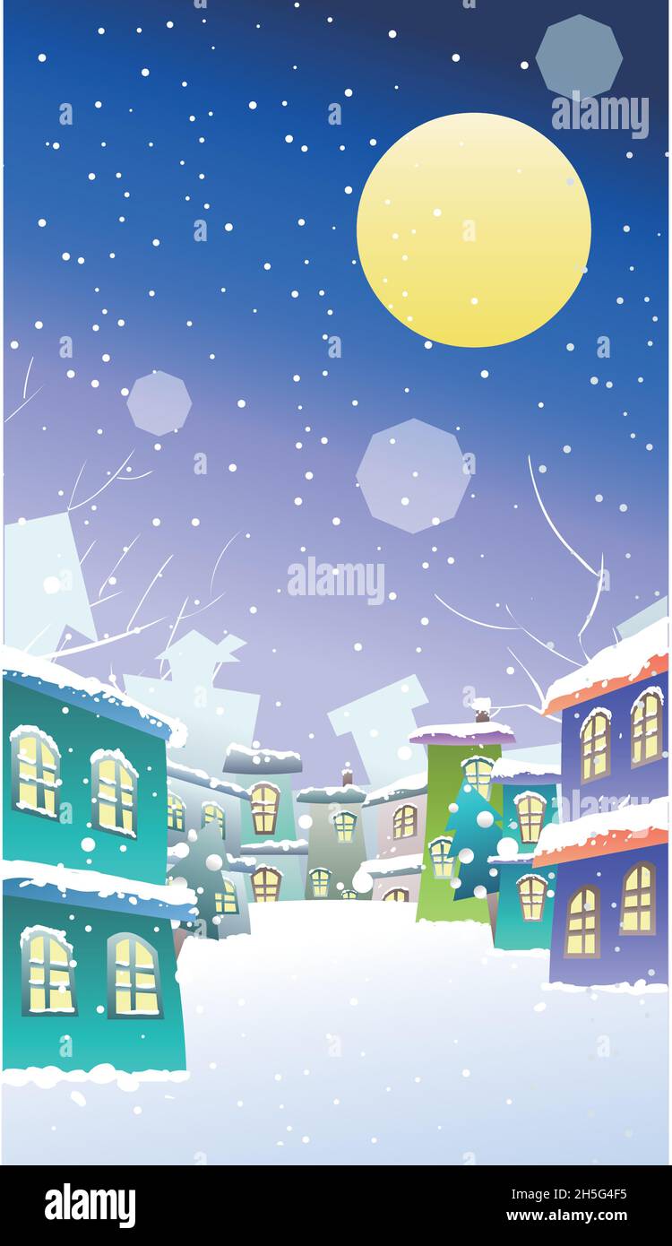Winternachtslandschaft mit Schneefall in einem charmanten Dorf mit Vollmond Stock Vektor
