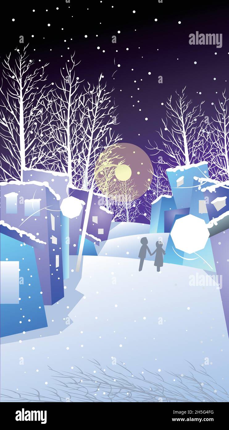 Ein Mann und eine Frau gehen in einer verschneiten Winternacht eine Gasse mit Straßenlaternen entlang Stock Vektor