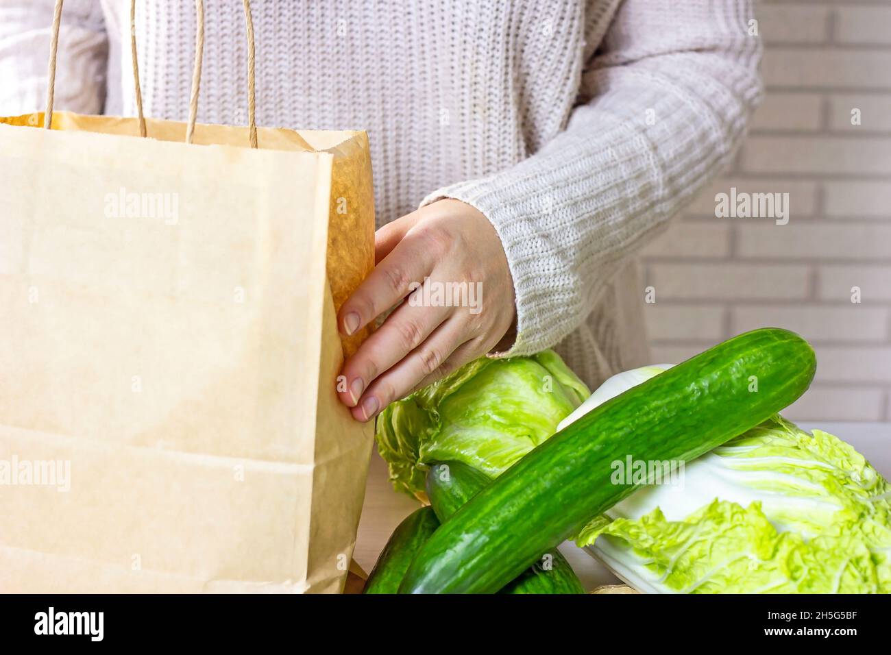 Kaukasische Frau Hände tragen Handwerk Papiertüte mit grünem Gemüse aus Online-Shopping nach Hause Lieferung in der Küche auf hellem Hintergrund. Stockfoto