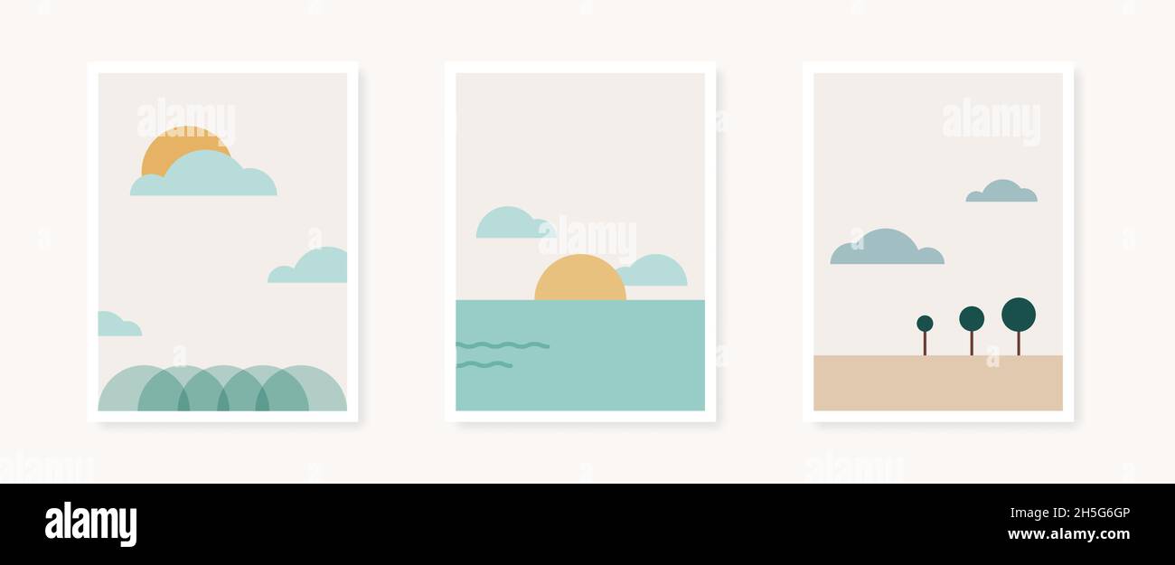 Abstrakte geometrische Formen Posterkollektion. Geometrische Landschaften. Minimalistische Wanddekoration, Druck oder Postkarte. Vektorgrafik, flaches Design Stock Vektor