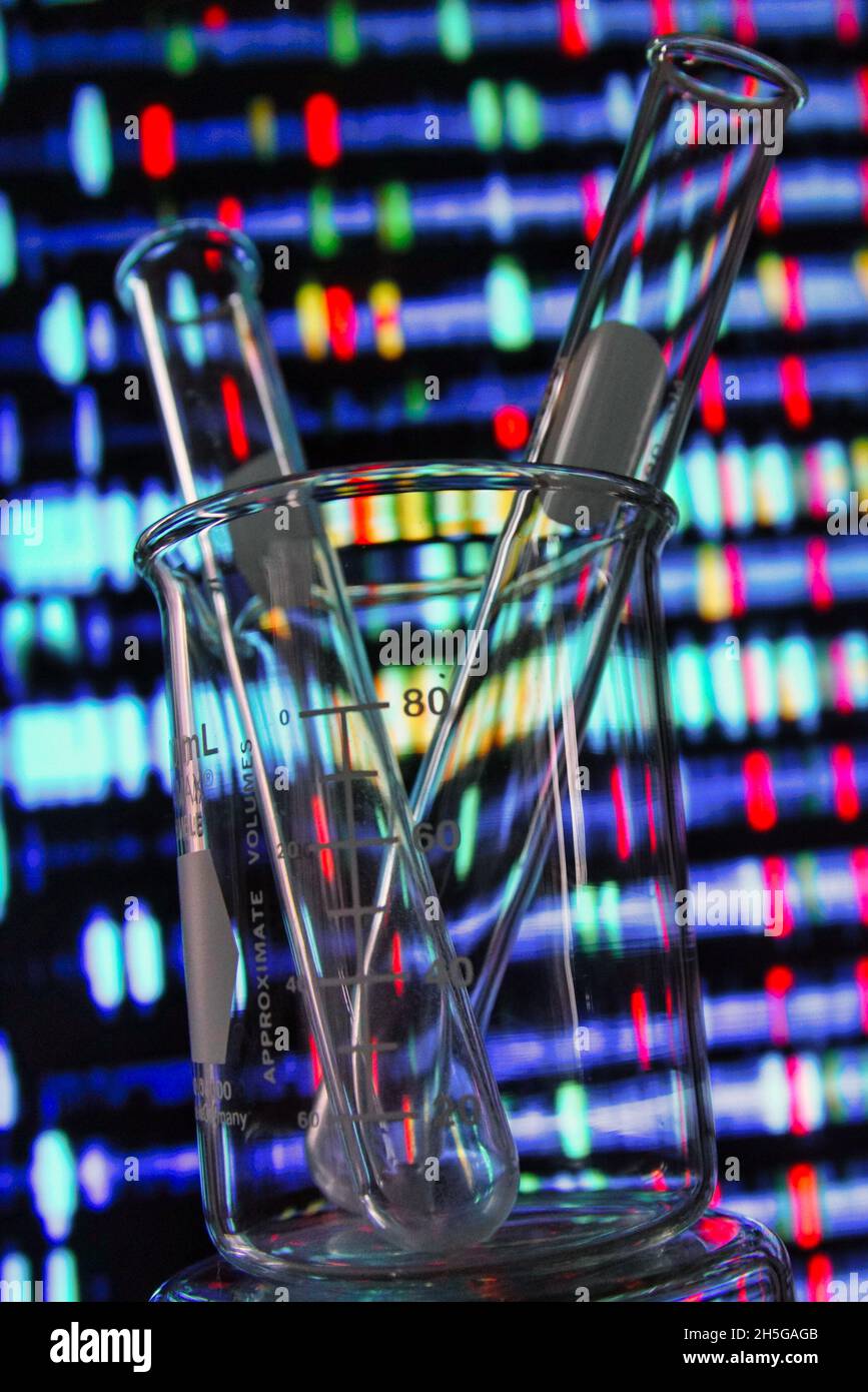 Laborbecher vor einem DNA-Sequenz-Hintergrund.Mario Beauregard/Alamy News Stockfoto