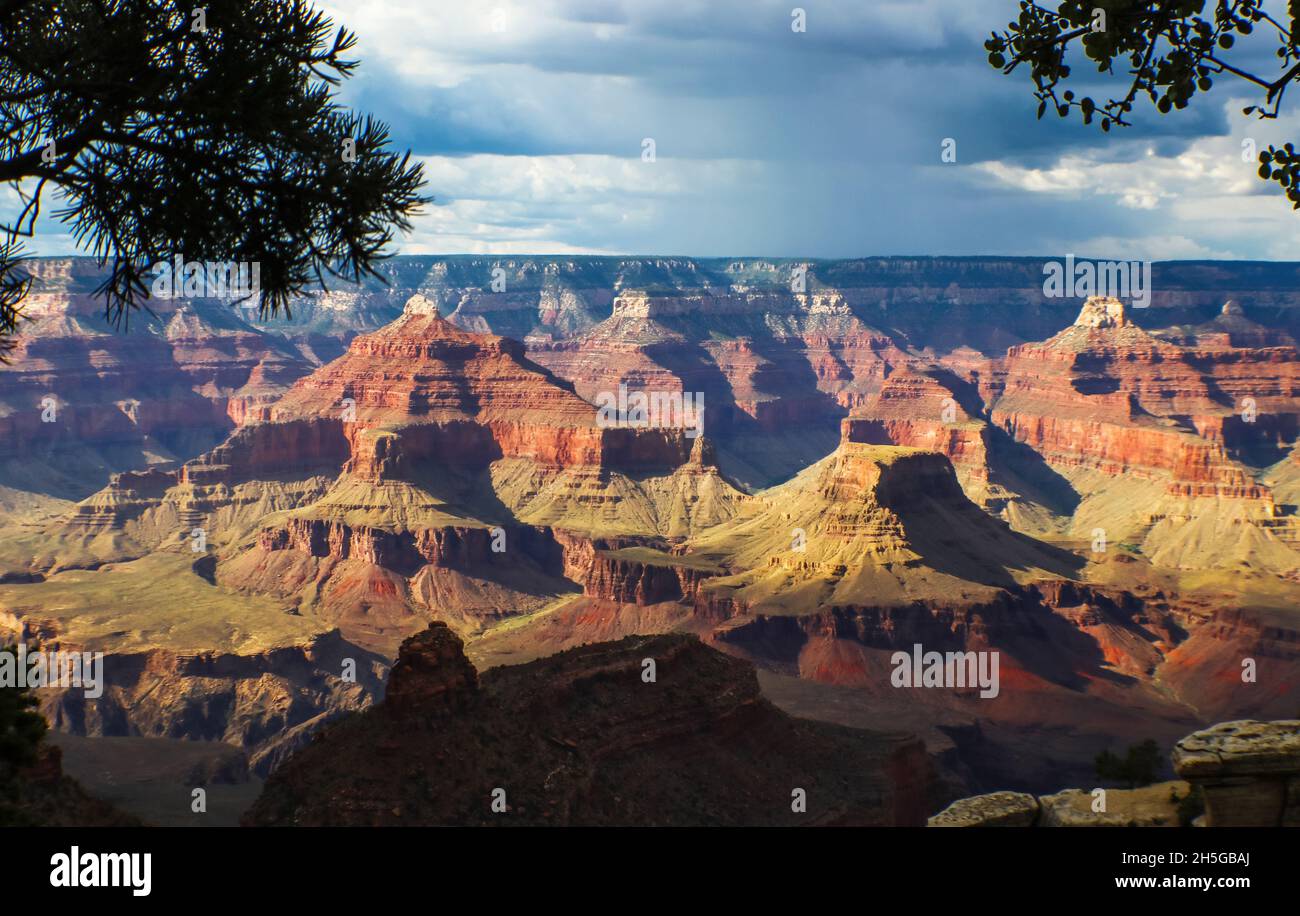 Blick auf den Grand Canyon mit Felsformationen, die von der hervorgehoben werden Sonne an einem bewölkten Tag eingerahmt von Bäumen in der Vordergrund Stockfoto