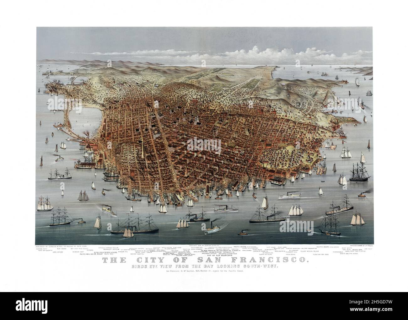 Die Stadt San Francisco. Blick aus der Vogelperspektive von der Bucht nach Südwesten. Skizziert und gezeichnet von C.R. Parsons. Digital bereinigt und verbessert. 1878 Stockfoto