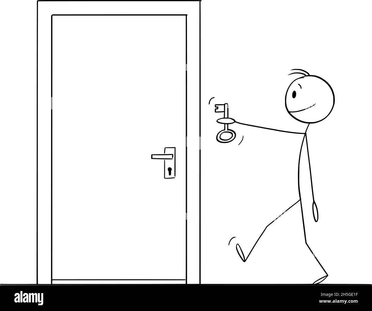 Verschlossene Tür, Schlüsselüberbringer, Konzept von Problem und Lösung, Vektor-Cartoon-Stick Abbildung Stock Vektor