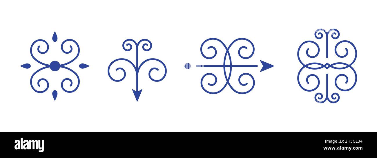 Kalligrafische elegante Ornamente. Dekorative Symbole mit florierende Ornamentale. Vektorgrafik, flaches Design Stock Vektor