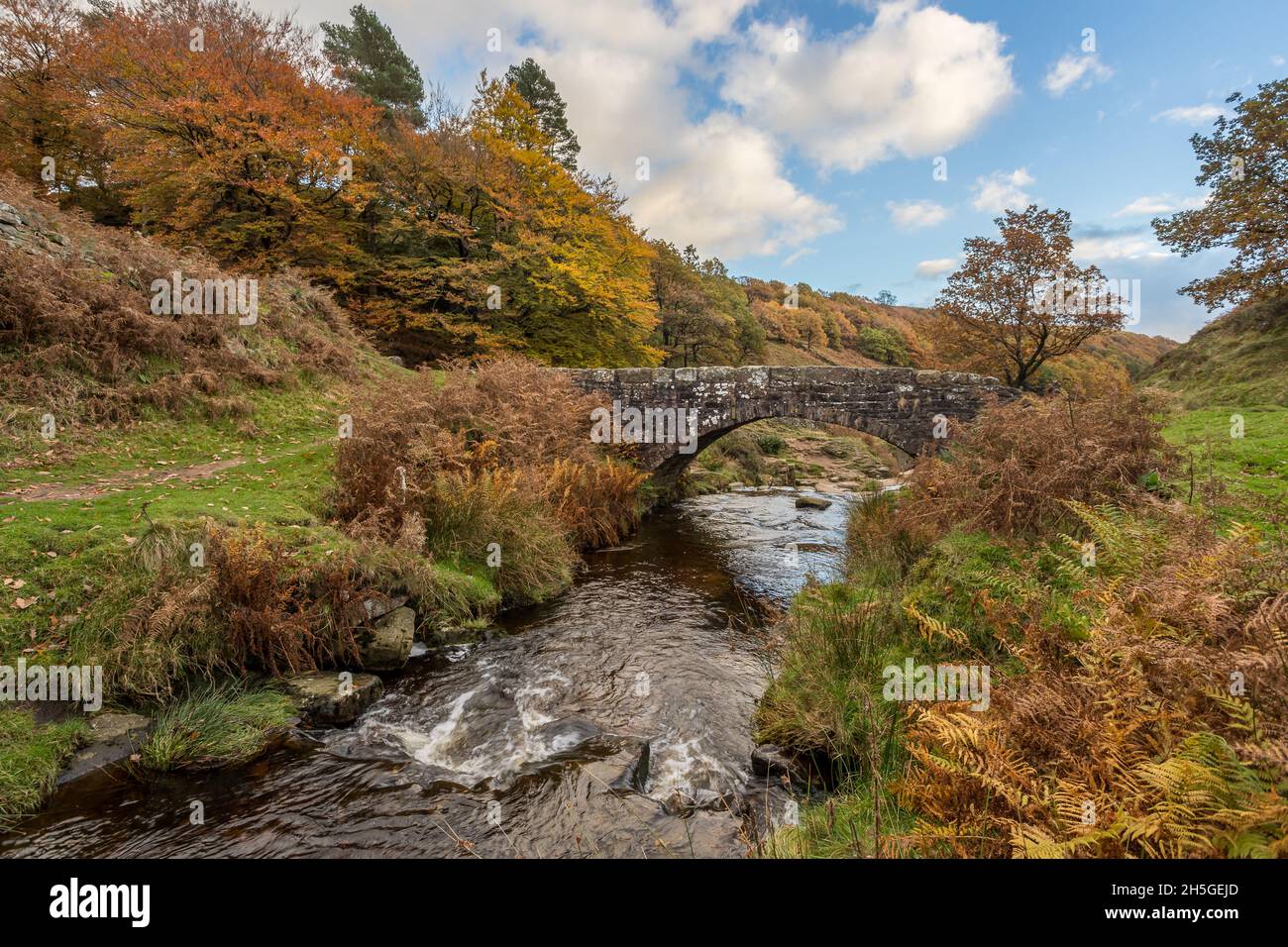 River Dane fließt unter einer Packhorse-Brücke bei Three Shires Head im Herbst, wo sich die Grafschaften Staffordshire, Chephire und Derbyshire treffen. Stockfoto