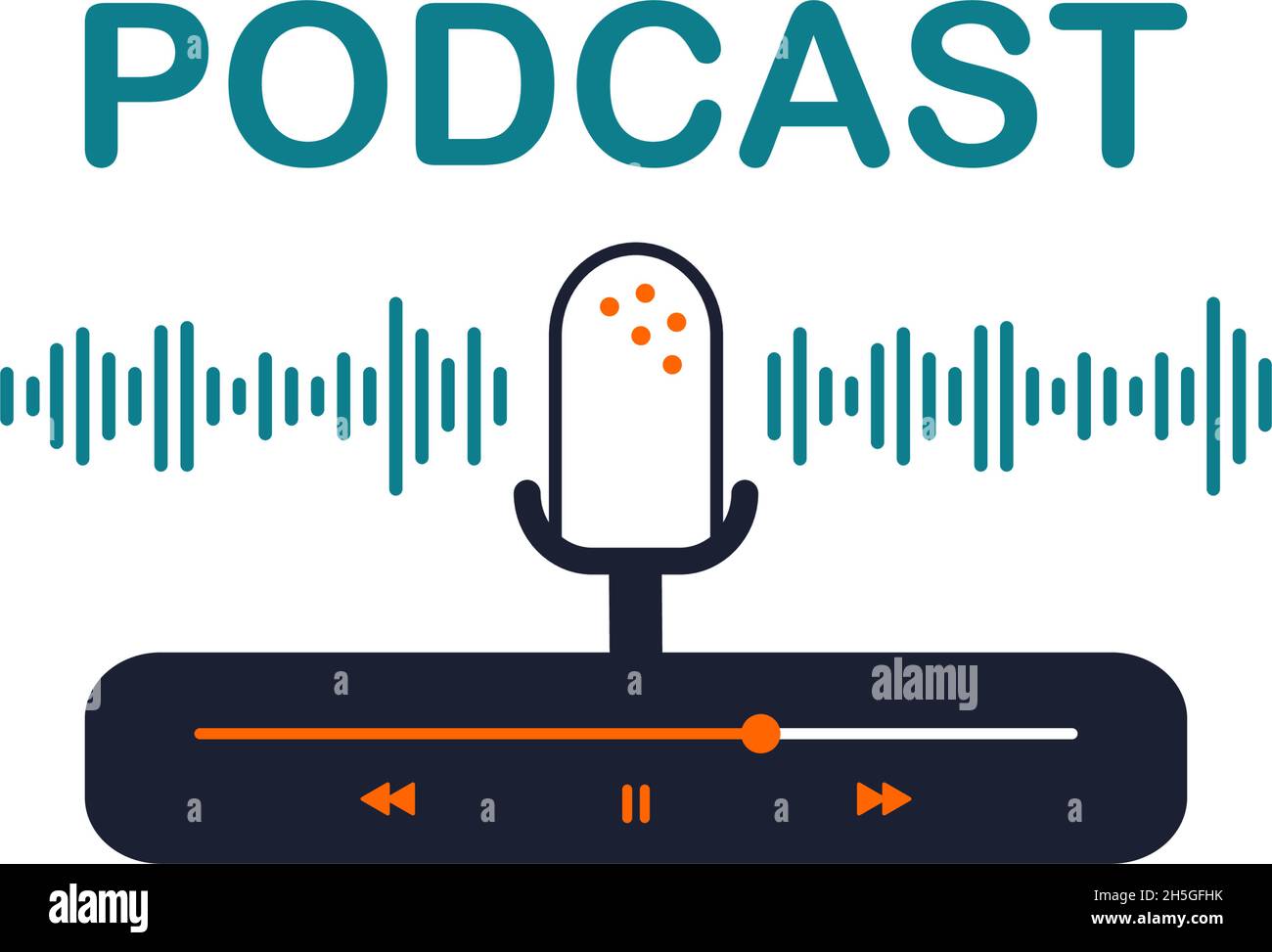 Media-Player-Schnittstelle für Software-App mit Tasten, Ladeanzeige und Mikrofon. Vektordarstellung des Bedienfelds in flacher Ausführung. Podcast-Schriftzug und Radiowellen-Bild Stock Vektor