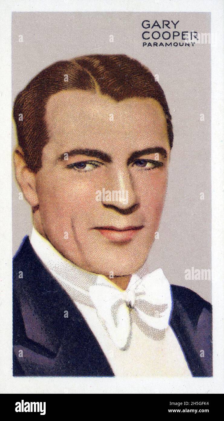 Die Handelskarte des Hollywood-Filmstars Gary Cooper war Teil einer Serie namens Stars of Screen and Stage, die von Park Drive Cigarettes in Großbritannien als Prämie für Tabak ausgegeben wurde. Stockfoto