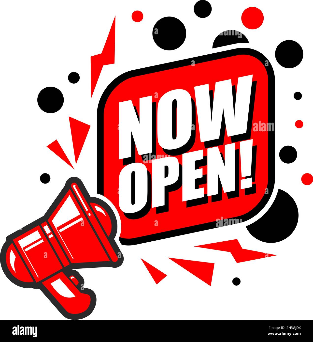 Megaphon mit Sprechblase Jetzt öffnen. Vektor auf transparentem Hintergrund Stock Vektor