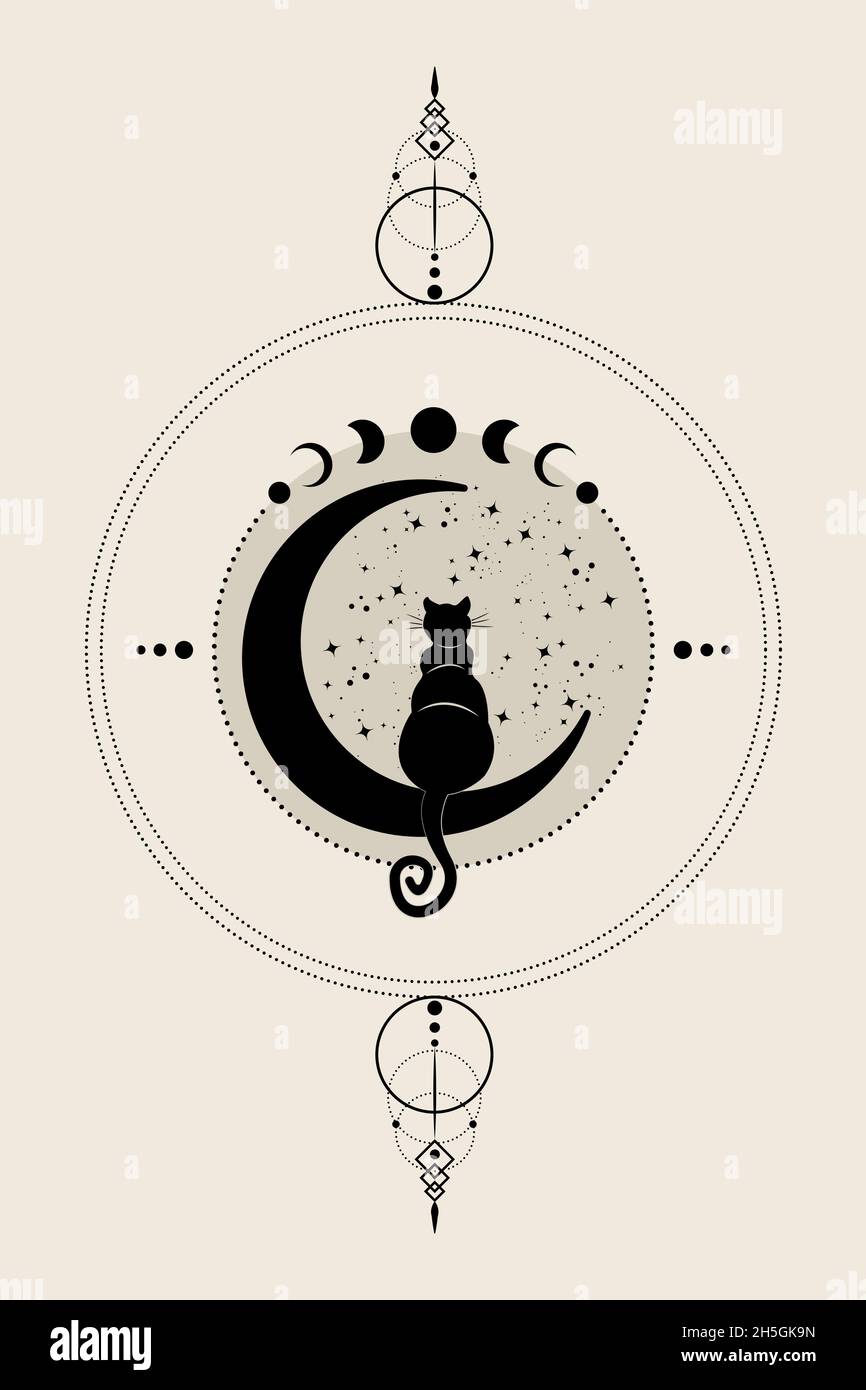 Mystische schwarze Katze auf dem Halbmond sitzend, schaut auf die Sterne. Mondphasen-Rad. Logo Wicca Symbol, Boho Stil, Tattoo-Symbol. Vektorgrafik Stock Vektor