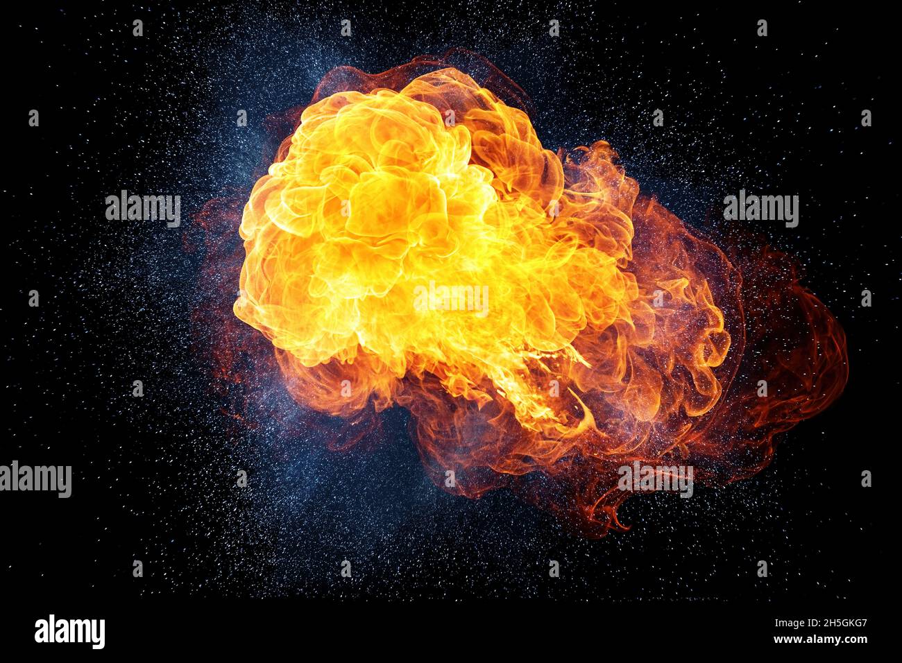 Realistische feurigen Explosion mit Funken und Rauch auf schwarzem Hintergrund Stockfoto